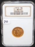 RARE 1913 $5 INDIAN GOLD COIN - NGC MS62