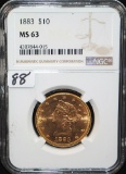 RARE DATE 1883 $10 LIBERTY GOLD - NGC MS63