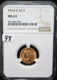 KEY 1914-D $2 1/2 INDIAN GOLD COIN - NGC MS63