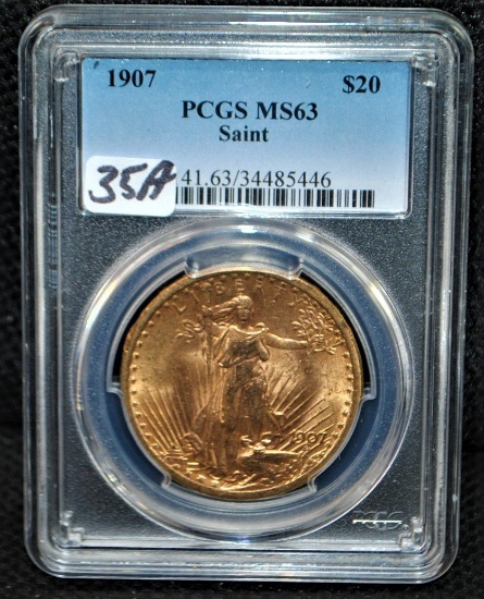 1907 (1ST YEAR) $20 SAINT GAUDENS GOLD - PCGS MS63