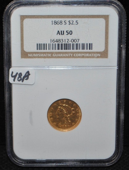 RARE 1868-S $2 1/2 LIBERTY GOLD - NGC AU50