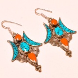 TIBETAN TURQUOISE & RED CORAL STERLING EARRINGS