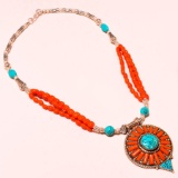 RED CORAL & TURQUOISE TIBETAN STERLING NECKLACE
