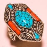 TIBETAN TURQUOISE & RED CORAL STERLING RING