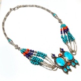 TURQUOISE, RED CORAL & LAPIS STERLING NECKLACE