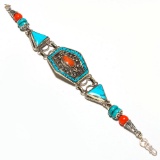 TIBETAN TURQUOISE & RED CORAL STERLING BRACELET