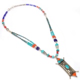 TIBETAN TURQUOISE & RED CORAL STERLING NECKLACE