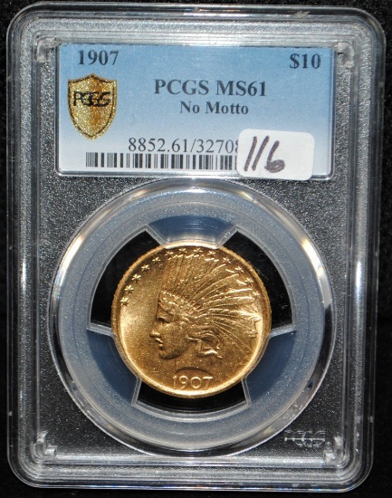SCARCE 1907 $10 INDIAN GOLD COIN - PCGS MS61