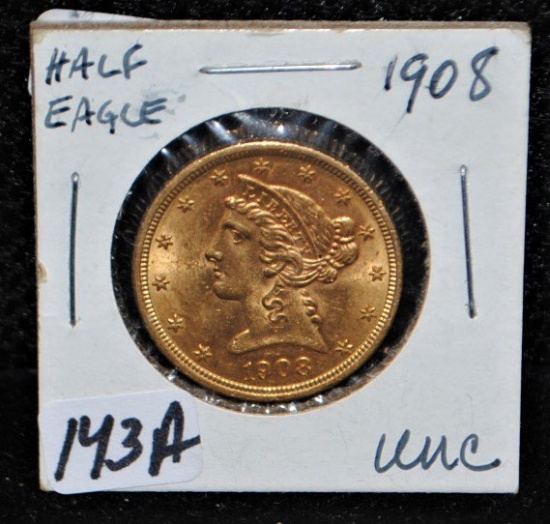 SCARCE 1908 $5 LIBERTY GOLD COIN