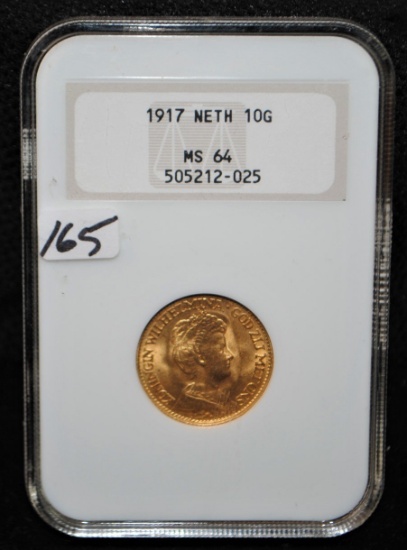RARE 1917 DUTCH 10 GUILDER GOLD COIN - NGC MS64