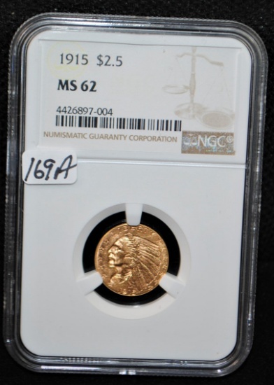 1915 $2 1/2 INDIAN GOLD COIN - NGC MS62