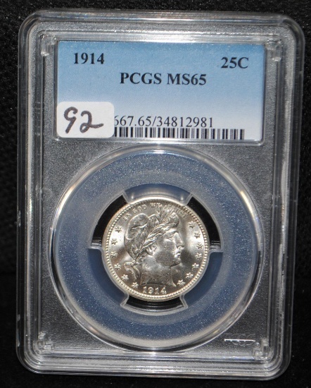 RARE 1914 BARBER QUARTER - PCGS MS65