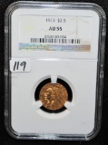 SCARCE 1913 $2 1/2 INDIAN GOLD COIN - NGC AU55