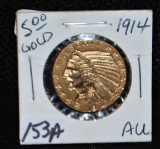 SCARCE 1914 $5 INDIAN HEAD GOLD COIN