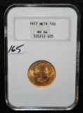RARE 1917 DUTCH 10 GUILDER GOLD COIN - NGC MS64