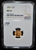 SCARCE 1853 TYPE I GOLD COIN - NGC MS62