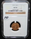 SCARCE 1913 $2 1/2 INDIAN GOLD COIN NGC AU55