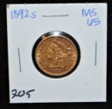 SCARCE HIGH GRADE 1892-S $5 LIBERTY GOLD COIN