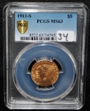 RARE 1911-S $5 INDIAN GOLD COIN - PCGS MS63