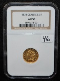 RARE 1834 CLASSIC HEAD $2 1/2 GOLD COIN - NGC AU58