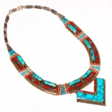 TIBETAN TURQUOISE & RED CORAL STERLING PENDANT