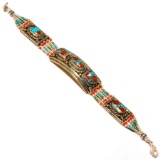 TURQUOISE & RED CORAL TIBETAN STERLING BRACELET