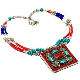 RED CORAL & LAPIS LAZULI STERLING NECKLACE