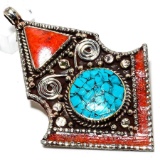 TURQUOISE & RED CORAL STERLING SILVER PENDANT