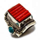 TIBETAN CORAL & TURQUOISE STERLING RING