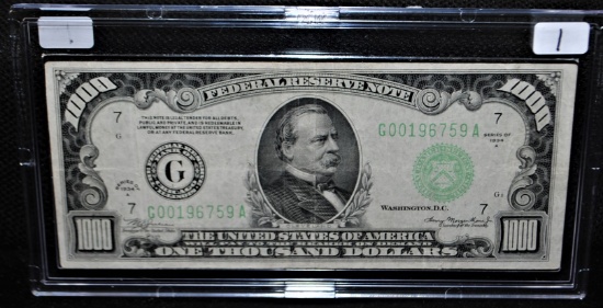 RARE $1000.00 FEDERAL RESERVE NOTE SERIES 1934 A