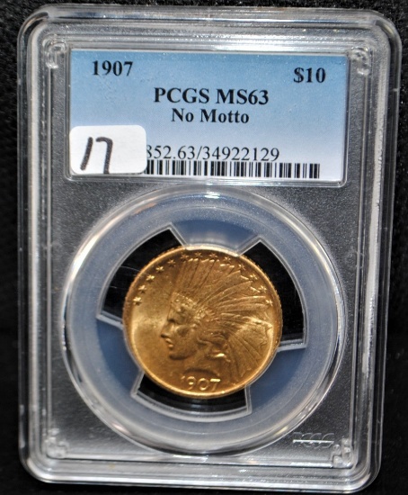 SCARCE 1907 $10 INDIAN HEAD GOLD COIN - PCGS MS3
