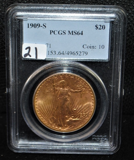 SCARCE DATE 1909-S $20 ST. GAUDENS GOLD- PCGS MS64