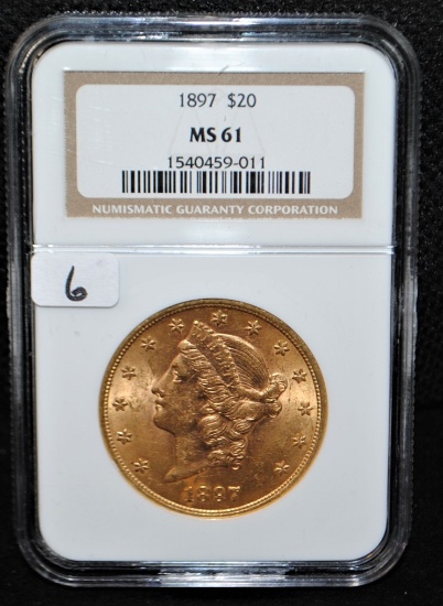 SCARCE 1897 $20 LIBERTY GOLD COIN - NGC MS61
