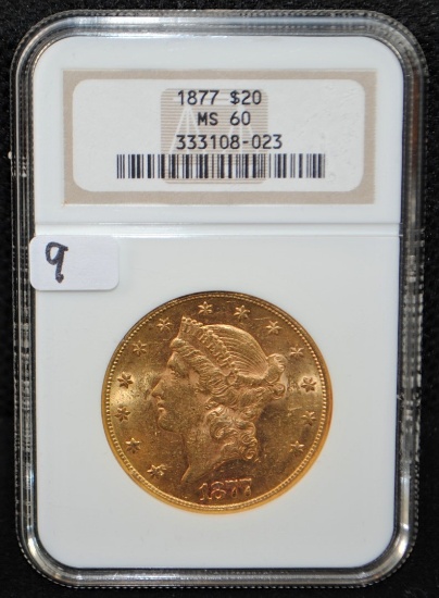 SCARCE 1877 $20 LIBERTY GOLD COIN - NGC MS60
