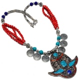 RED CORAL, TURQUOISE & LAPIS HANDMADE NECKLACE