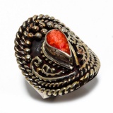 TIBETAN 925 SILVER RED CORAL HAND MADE RING