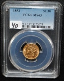SCARCE 1852 $2 1/2 LIBERTY GOLD COIN - PCGS MS63