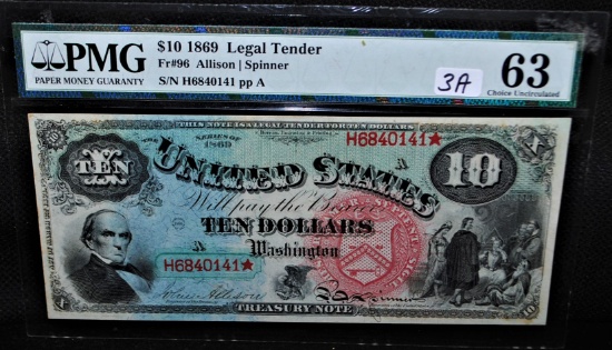 SPECTACULAR 1869 $10 "RAINBOW" U.S. LEGAL TENDER