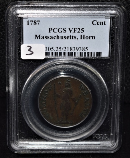 VERY RARE 1787 MASSACHUSETTS, HORN CENT PCGS VF25