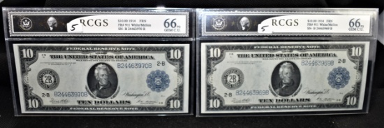 TWO $10 FED. RESERVE NOTES SERIES 1914 C/N