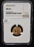 RARE 1914-D $2 1/2 INDIAN GOLD COIN - NGC MS63