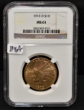SCARCE 1910-D $10 INDIAN GOLD NGC MS61