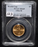 SCARCE 1994-W WORLD CUP $5 GOLD COIN PCGS MS69