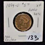 RARE DATE 1894-0 $5 XF LIBERTY GOLD COIN
