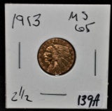 HIGH GRADE 1913 $2 1/2 INDIAN GOLD COIN