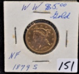 SCARCE 1879-S $5 LIBERTY GOLD COIN
