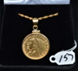 1908 $5 INDIAN GOLD COIN IN 14K GOLD BEZEL PENDANT