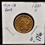 SCARCE 1881-S $5 LIBERTY GOLD COIN