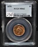 RARE 1878 $3 INDIAN GOLD COIN PCGS MS62