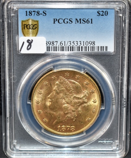 VERY RARE 1878-S $20 LIBERTY GOLD COIN PCGS MS61